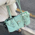 Korean Y2k Retro Pu Leather Large Capacity Handbag Mint Green Underarm Shoulder Bag Lipstick Wallet Storage Bags Woman Bag