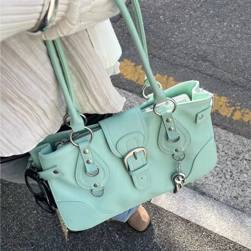 Korean Y2k Retro Pu Leather Large Capacity Handbag Mint Green Underarm Shoulder Bag Lipstick Wallet Storage Bags Woman Bag
