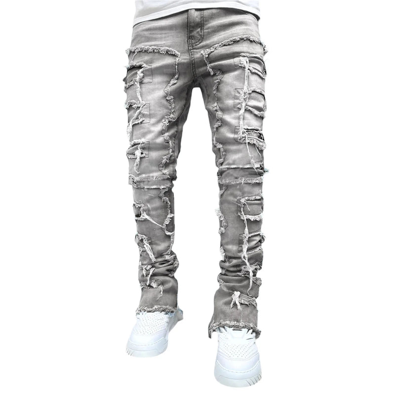 Men's Regular Fit Stacked Jeans Ripped Slim Patch | SAMAG