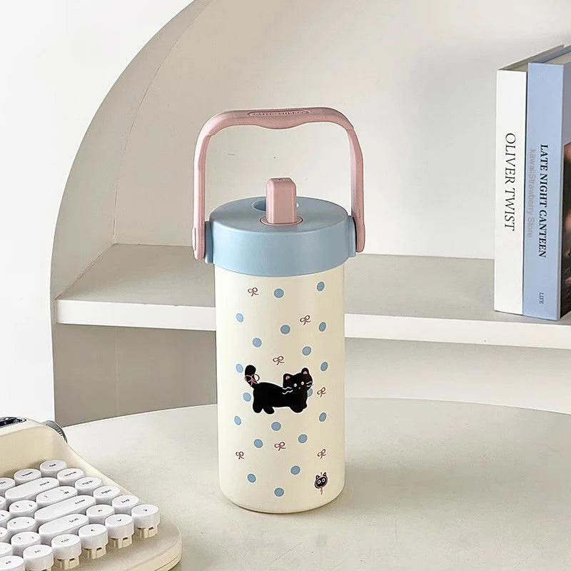 Cute Cat Thermos Mug 600ml Coffee Tea Tumbler Stainless Steel 316 Portable Thermal Water Bottle With Straw Tea Infuser Handle