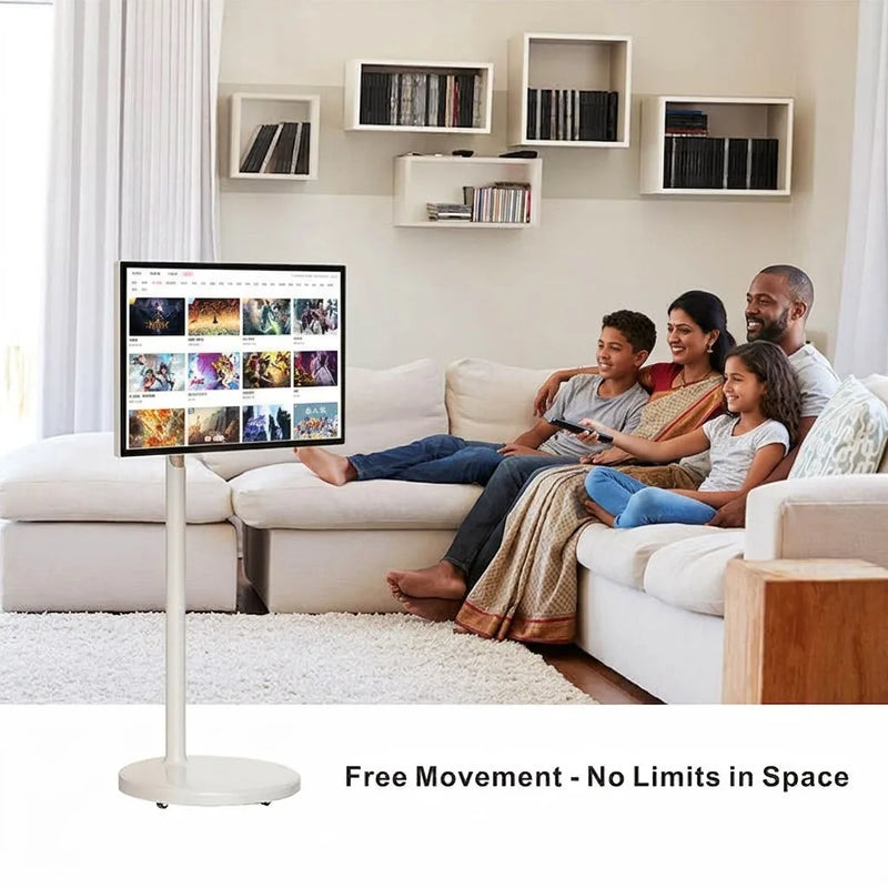 27/32" Moveable Smart Screen 4K UHD Touch Screen Portable TV on Wheels Built-in Battery Android 11 Rotating Wireless Monitor