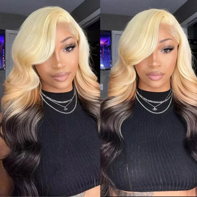 Red Black With Blonde Highlight 13X6 Lace Front Wig Body Wave Synthetic Glueless pre plucked With Baby Hair Lace Frontal Hair