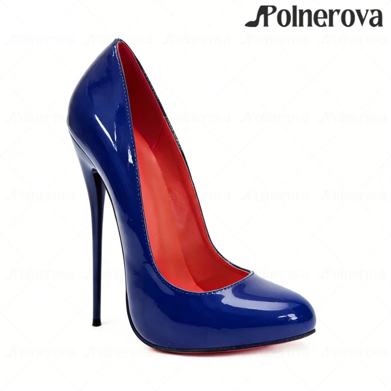 16cm Brown Patent PU Leather Pumps Sexy Style Sliop on Round Toe High Heels Ultimate Lacquered Heel Pumps Women's Daily Footwear