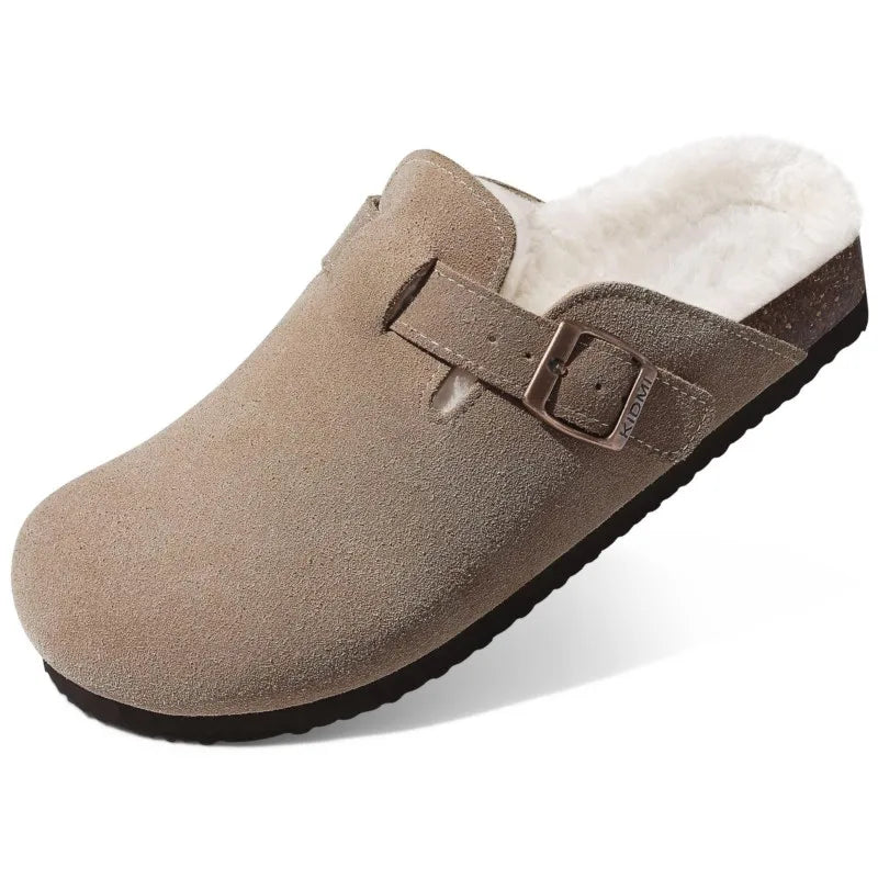 Kidmi Winter Casual Mules For Women and Men New Clogs Slippers With Adjustable Buckle Cow Suede Cork Insole Cozy Women's Sandals