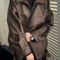 Men's Autumn High Colar Pu Leather Jacket American Retro Zipper Motorcycle Jacket Loose Fashion Atmosphere Asymmetrical Coat