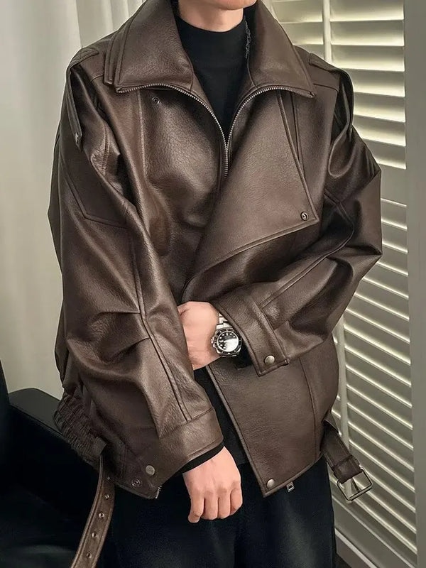 Men's Autumn High Colar Pu Leather Jacket American Retro Zipper Motorcycle Jacket Loose Fashion Atmosphere Asymmetrical Coat