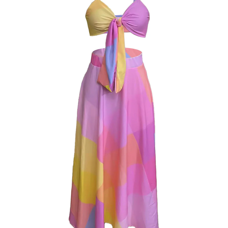 A Lace-Up Short Top with a Half-Length Skirt and a Geometric Pattern Women's Dress Set