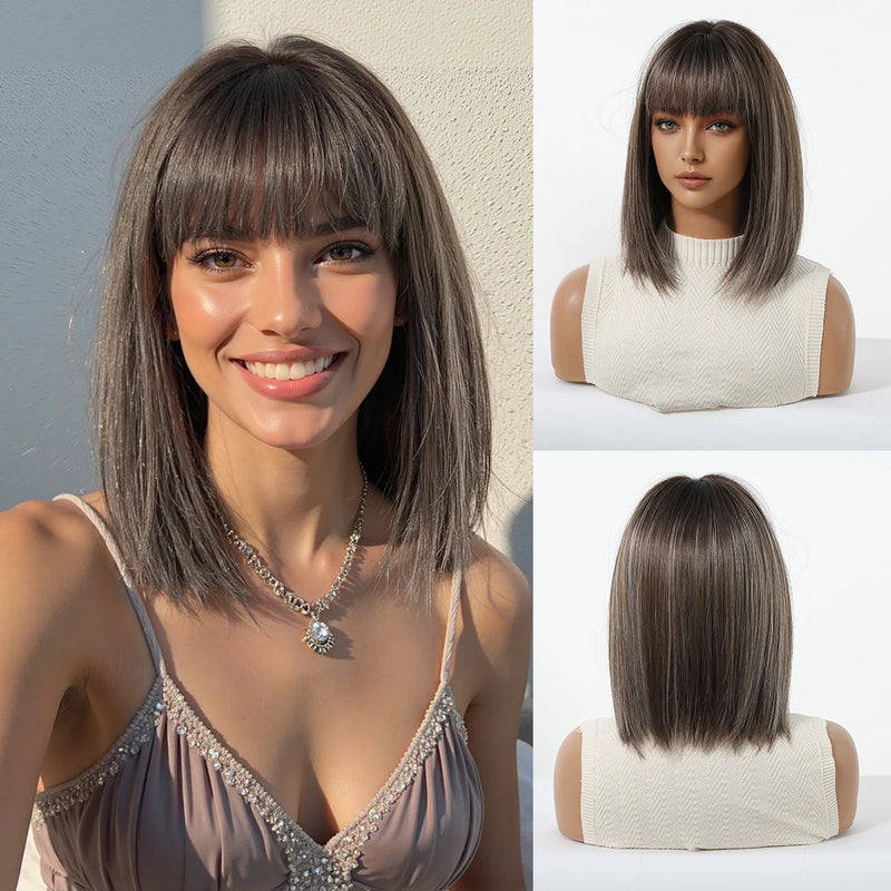 EASIHAIR Short Straight Bob Hair Synthetic Wigs for Women Brown Straight Natural Wigs with Eight Character Bangs Daily Cosplay