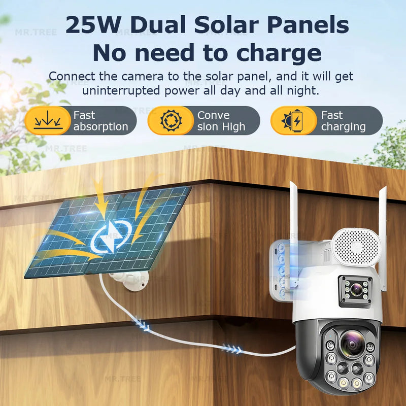 4G SIM Solar Camera AOV 24 Hours Record Built-in 31200 MAh Battery Outdoor Surveillance 60X Zoom Cam Auto Track 25W Solar Panel
