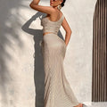 Ladies Casual Stripe Shoulder Pleated Short Top And Pleated Mermaid Skirt Two-Piece Set