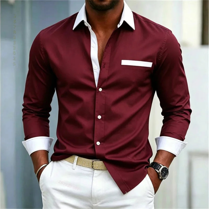 Men's shirt color blocking black and white lapel slim fit | SAMAG