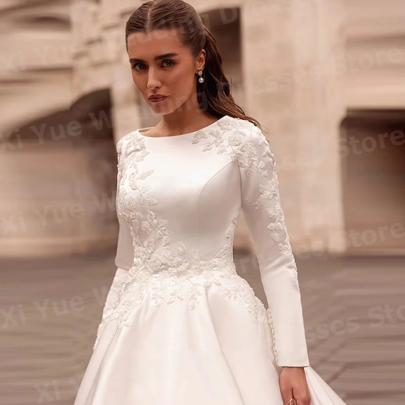 Elegant A Line Women's O Neck Appliques Wedding Dresses - View 3 | SAMAG