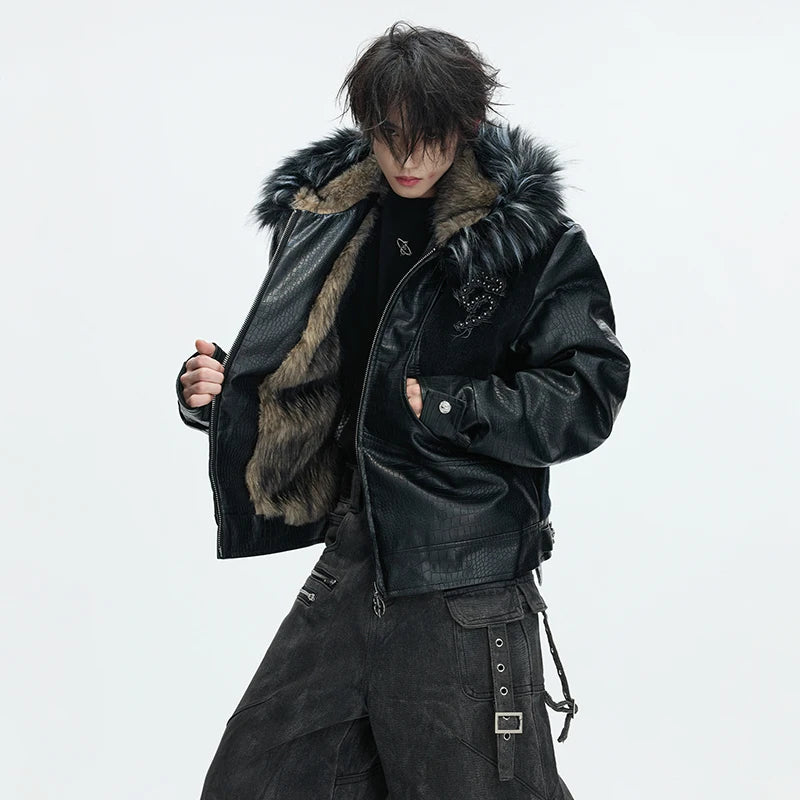LUZHEN 2025 Winter Embroidery Pattern Patchwork Design Thickened Warm Hooded Padded Coat Men's Fur Leather Parka Jacket JY5616