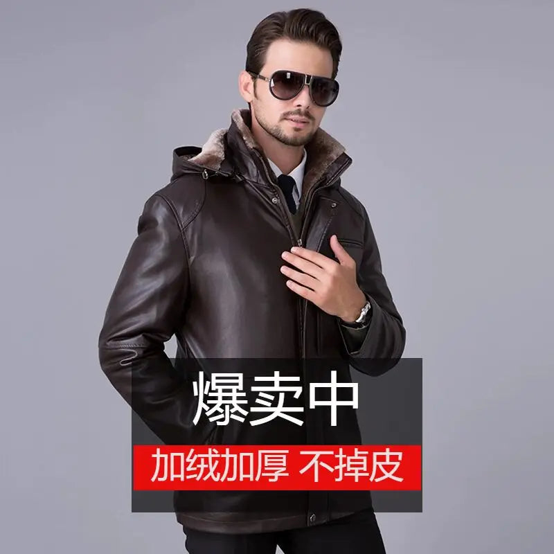 2026 Winter New Fur One Coats Men's Business Leisure Leather Jacket Thick Men Fur Clothing Sheepskin Hooded Jackets Detachable