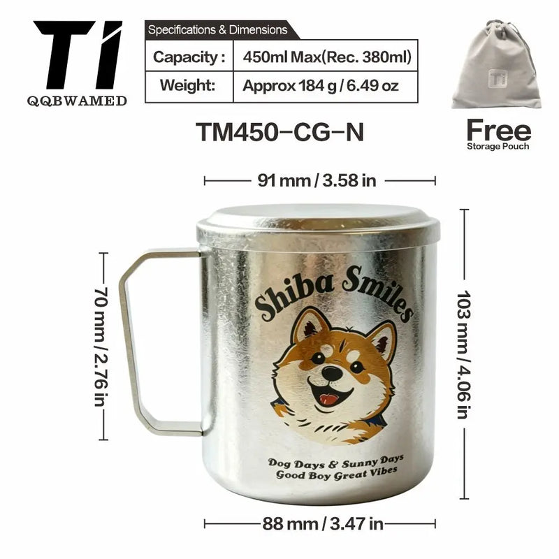 Titanium Mug Double-Layer Anti-Scald Titanium Cup Camping Coffee Cup 450ml Cat and Dog Themed Couple's Cup