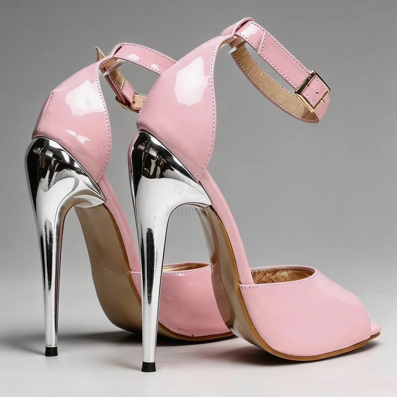 Pink Patent Leather Peep Toe Stiletto Heels 15cm/6" Ankle Strap Vintage Fetish High Heel Shoes