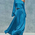 Womens Solid Skirt Two Piece Sets Sexy One-Shoulder Long Sleeve Crop Top  + Slim Long Skirt Set Autumn Casual Party 2pcs Outfits