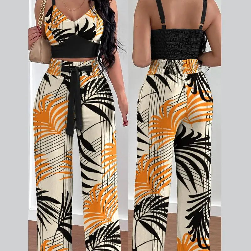 Women's Two Piece Sets Fashion Print Halter V-Neck Short Tank Suit Tops Long Pants Matching Set Summer Casual Female Slim Pants