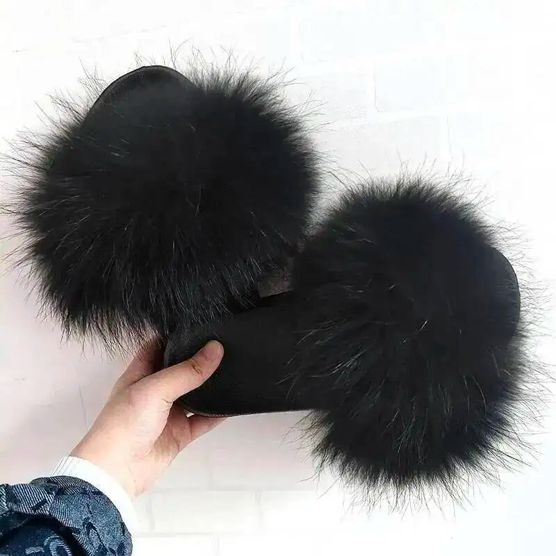 Women Real Raccoon Fur Slides Fluffy Luxury Furry Open Toe Slippers Indoor Outdoor Summer Sandals Non Slip Soft Comfy Sole Cozy
