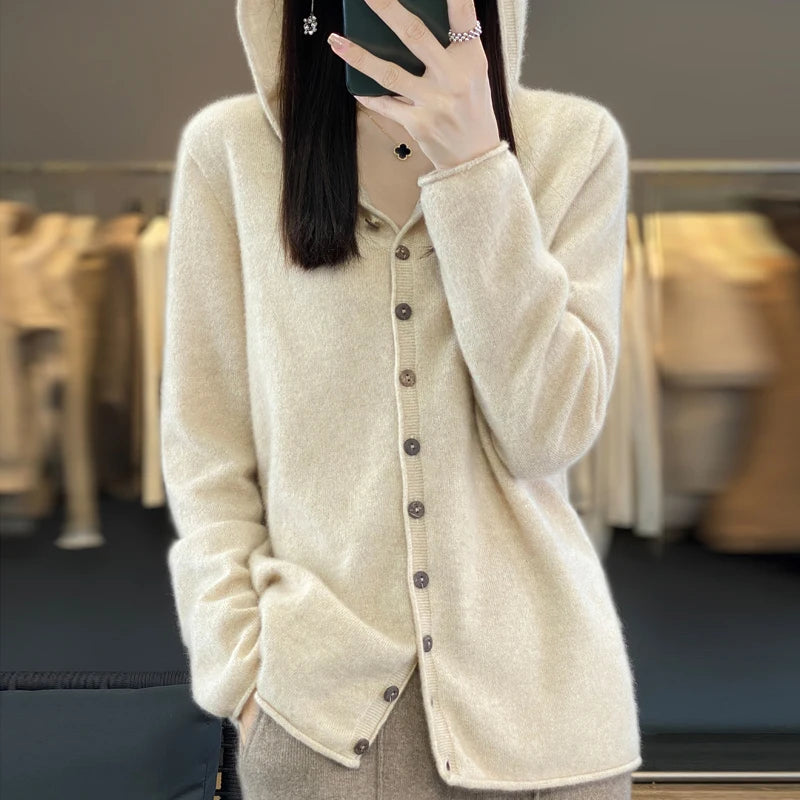 Hooded Cashmere Cardigan 100% Merino Wool Women's Sweater - View 6 | SAMAG