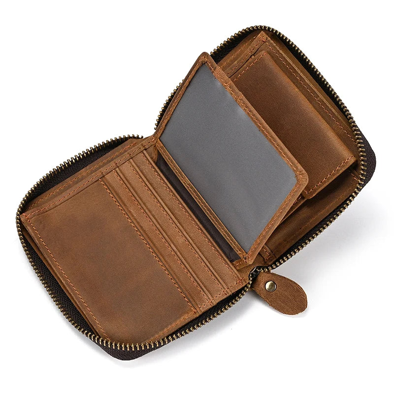 Men Crazy horse Genuine Leather Coin Wallet Real Leather Snap Short Purse Women Coin Pocket Zip Around Small Trifold Pocket
