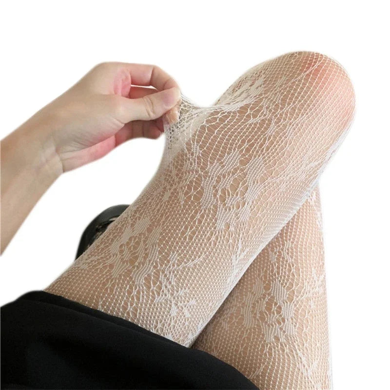 Sexy Women's Long Fishnet Stockings Pantyhose Floral Vintage Flower Vines Hollowed-out Lace Lolita Sheer Mesh Tights Lingerie