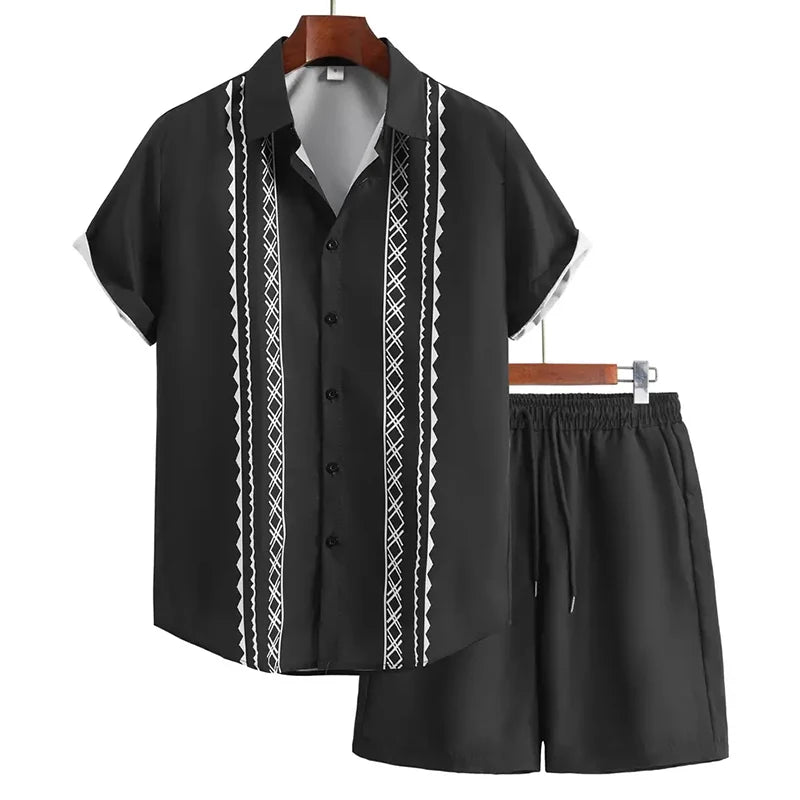 Men's Summer Holiday Suit Retro Textured Printed Border Shirt Short Sleeve Two Piece Breathable Pool - View 14 | SAMAG