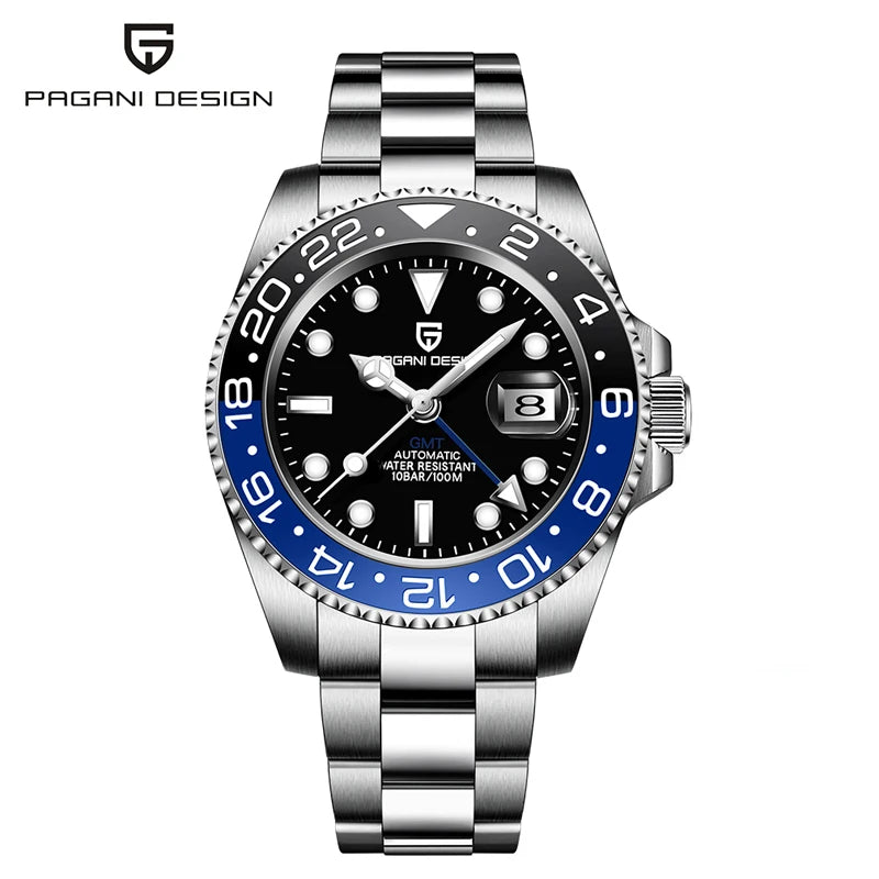 Top PAGANI DESIGN PD1662 Men GMT Automatic Mechanical Watch Black Ceramic Bezel Sapphire Glass 100M Waterproof Jubilee Stainless Steel Bracelet Sports Diver Wristwatch Reloj Hombre+gift box