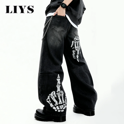 Men's Black Skull Finger Print Baggy Wide Leg Jeans | SAMAG