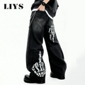 Men's Black Skull Finger Print Baggy Wide Leg Jeans | SAMAG