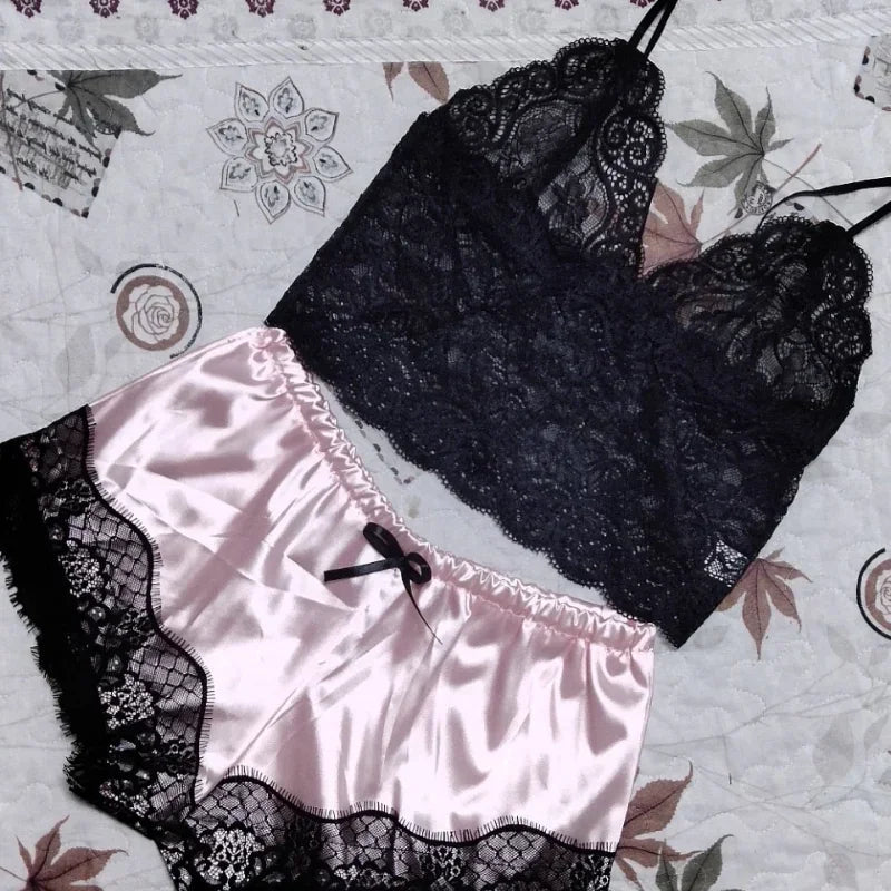 Sexy Womens Lace Sleepwear Lace Nachtkleding Lingerie Sleeveless V-Neck Babydoll Pajamas Set Lingerie Tops Shorts Set Nightwear