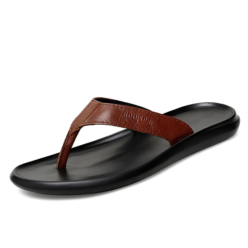 Men'S Genuine Leather Slip-On Flat Flip Flops Classic Round Toe Slip-On Soft Bottom Clip Toe Male Slide Sandals Summer Leisure P