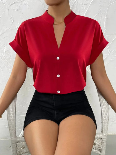 Women Solid Folds PU Leather Button Turn Down Collar | SAMAG