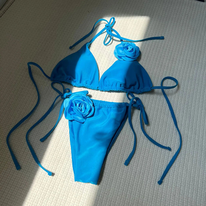 Sexy 3D flower bikinis sets triangle two pieces rose | SAMAG