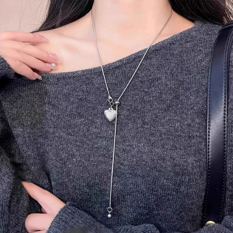 Stainless Steel Long Necklace with Heart Pendant Adjustable Chain Sweater Chain for Women Fashion Jewelry Accessories 2025