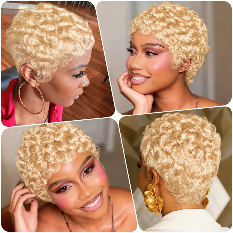 613 Blonde Short Curly Pixie Wig Human Hair Kinky Curly Afro Wig Glueless Natural Looking Easy Everyday Hairstyle Short Cut Wig