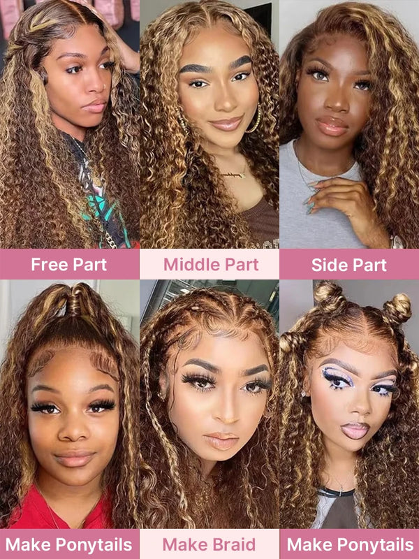 40 44 Inch Curly Highlight Wig Human Hair Deep Wave 13x6 HD Frontal Wig 4/27 Honey Blond 13x4 Water Wave Lace Front Wigs Raw Human Hair Wigs For Black Women 250% Pre Plucked Natural Hairline