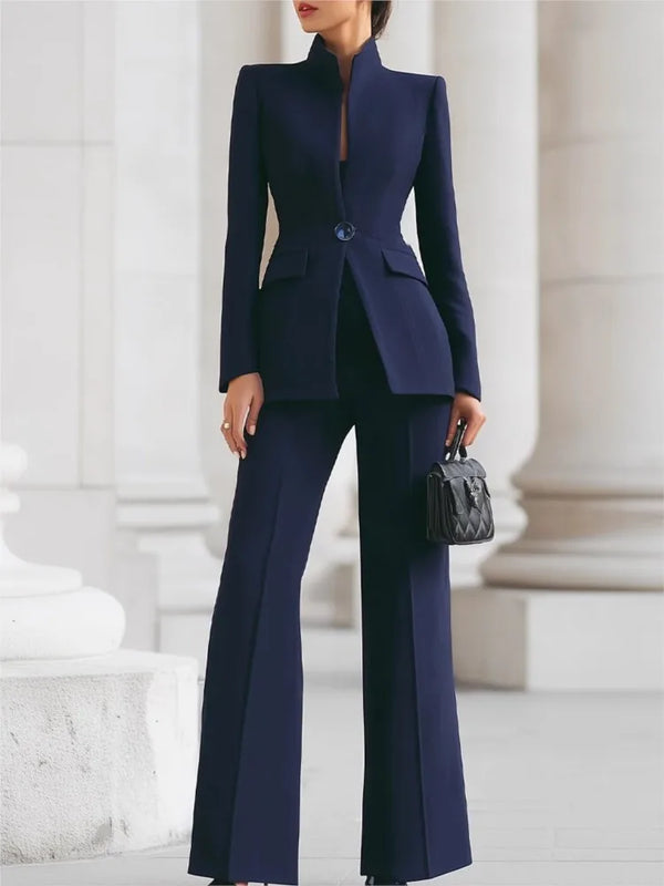 Elegant Women Solid Slim Two Piece Sets Spring Fashion Stand Collar Long Sleeved Blazer+Pants Suit Casual Work Office Coat Set