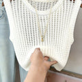 Women's White Hollow Out Knit Vest, Crew Neck Sleeveless | SAMAG