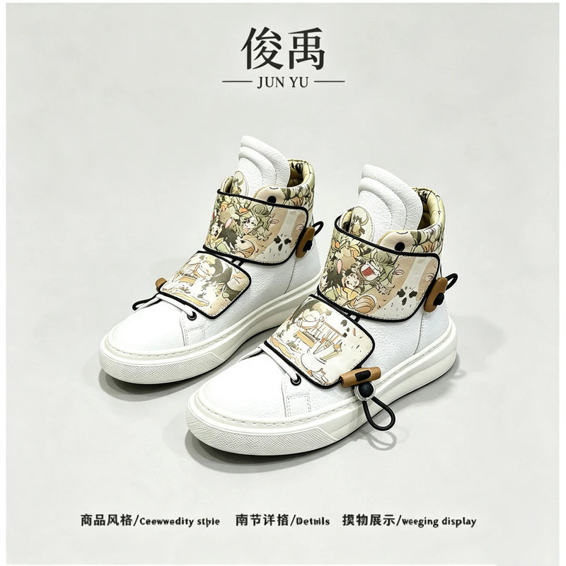 Chinese Style Comic Print High-Top Sneakers for Men, 2026 Autumn New Versatile Thick-Soled Sports Casual Shoes, Trendy White Shoes with Unique Design, Lightweight Skateboard Shoes for Young Men