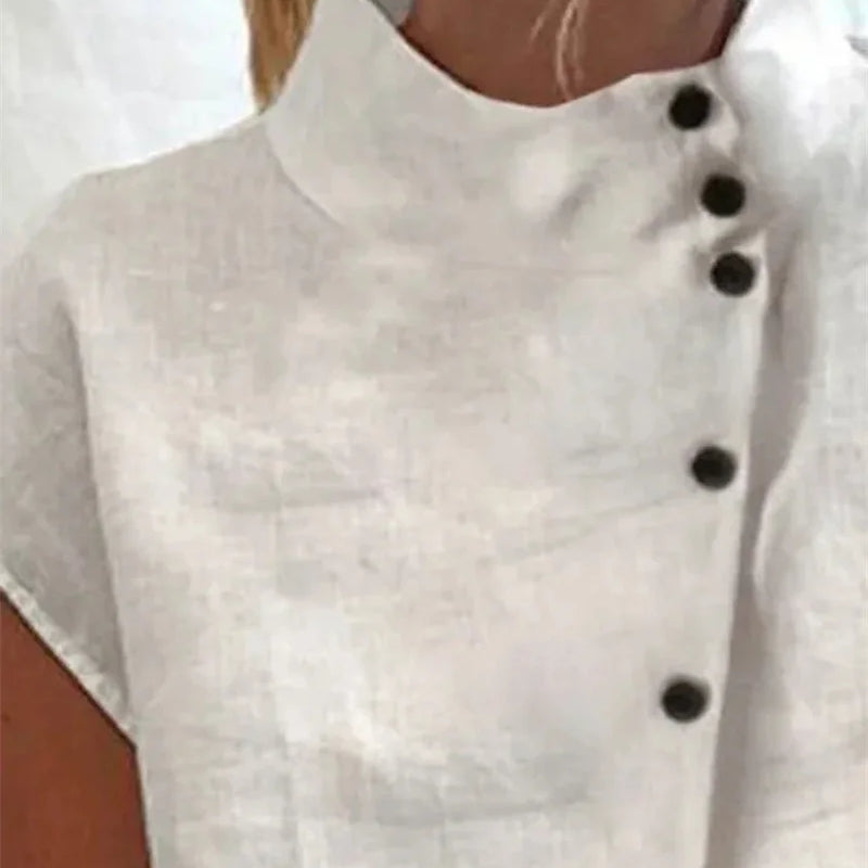 Elegant Cotton Linen Stand Neck Shirt Female Summer - View 3 | SAMAG