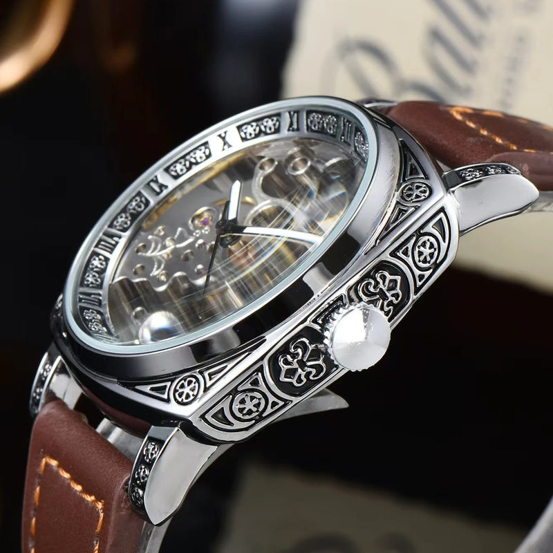 Men Automatic Watch Retro Style Mechanical Watches Skeleton Carve Waterproof Leather No Logo Mens Watch Boyfriend's Gift
