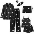 Spring Autumn 7 Pieces Set Silk Elegant Women Pajamas Print Shorts Long Sleeve Top Elastic Waist Pants Lounge Sleepwear