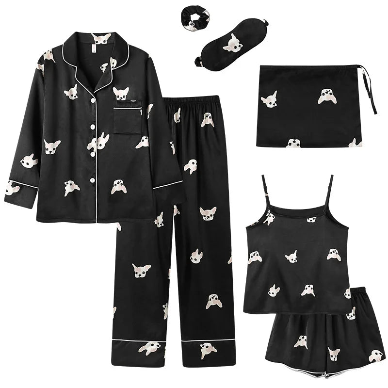 Spring Autumn 7 Pieces Set Silk Elegant Women Pajamas Print Shorts Long Sleeve Top Elastic Waist Pants Lounge Sleepwear
