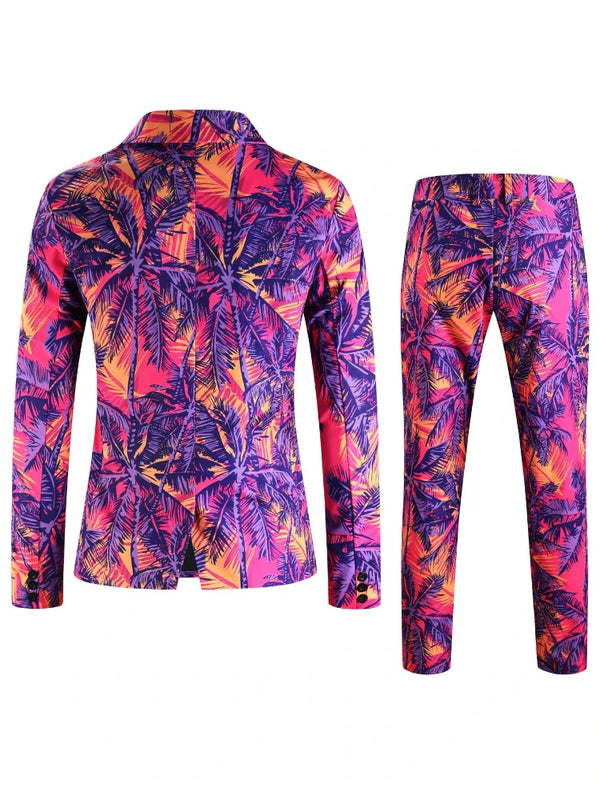 Vibrant Pink Purple Yellow Palm Tree Print Men's Suit 2 Piece Slim Fit Blazer Pants for Beach Wedding
