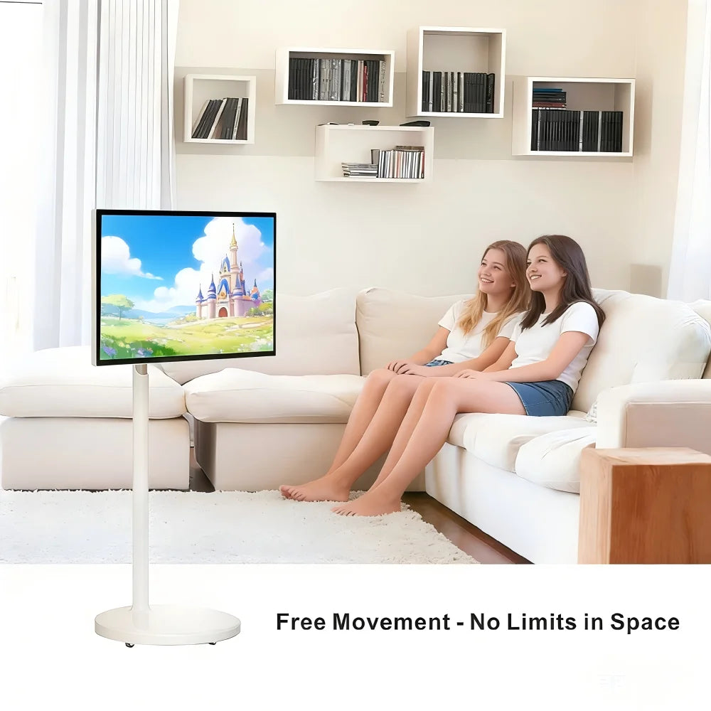 27/32" Moveable Smart Screen 4K UHD Touch Screen Portable TV on Wheels Built-in Battery Android 11 Rotating Wireless Monitor