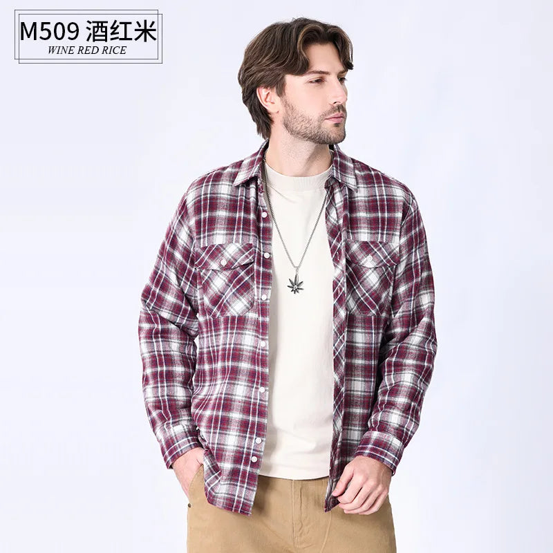 American size men's long-sleeved shirt autumn and winter flannel coat plaid casual non-ironing large size with pockets