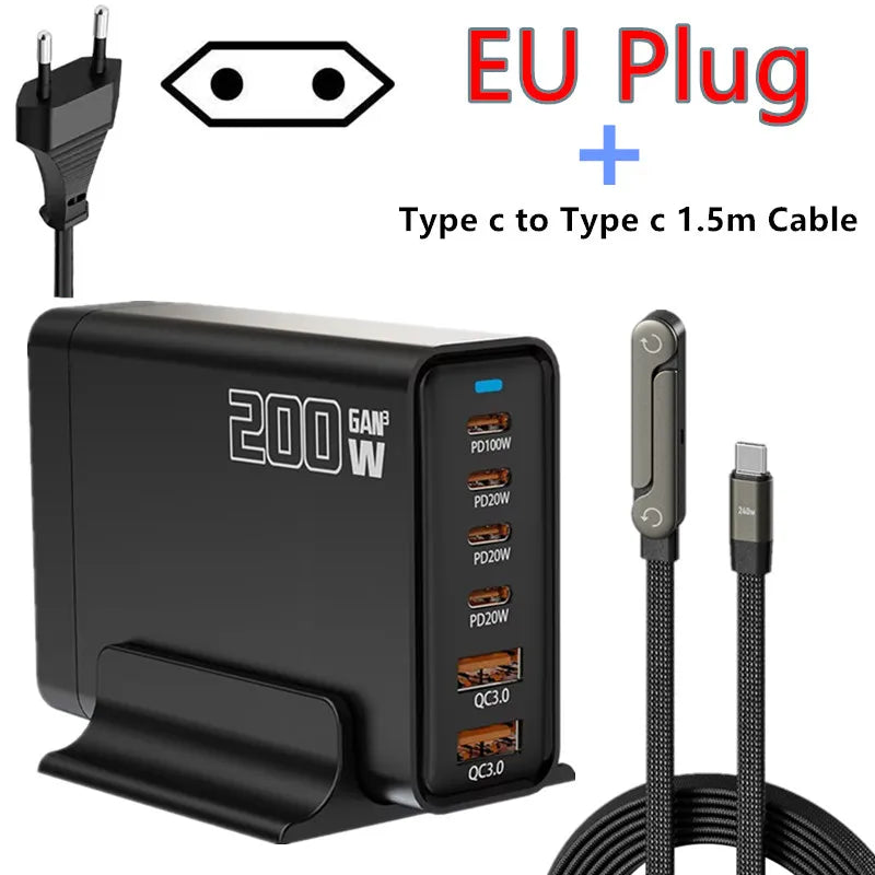 200W Desktop USB C Quick Charger GaN PD Fast Charger 6 Port Mobile Charging Adapter For Laptop iPhone 17 16 15 Samsung Xiaomi