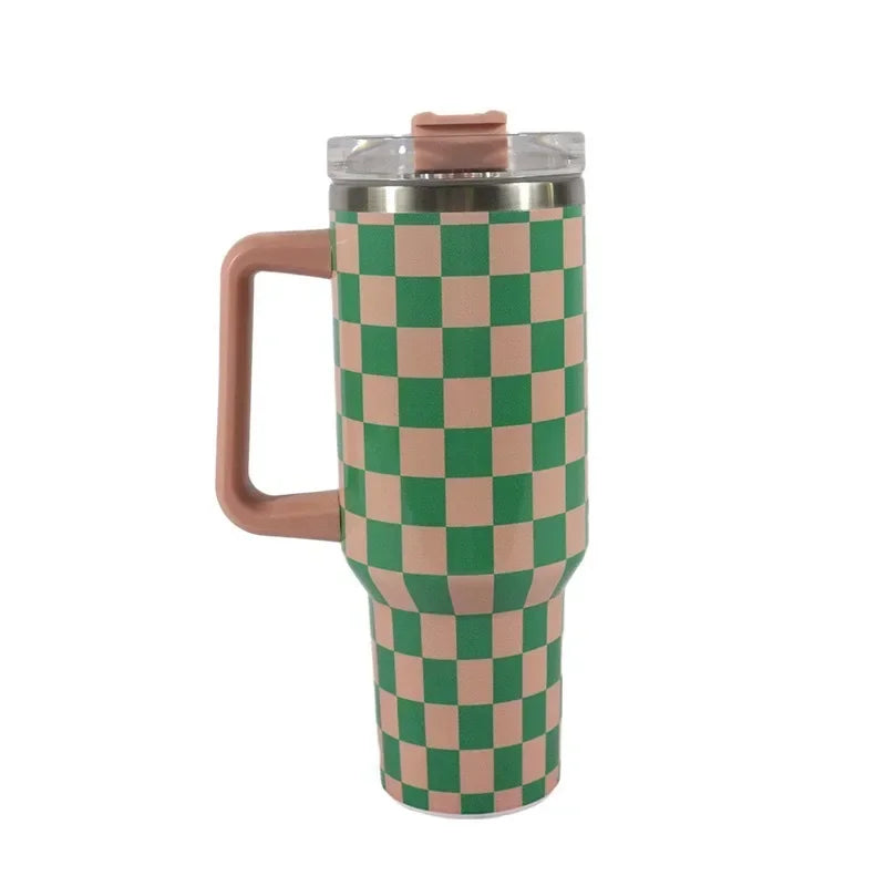 40Oz Stainless Steel Mug Coffee Cup Thermal Travel Car Auto Mugs Thermos Tumbler with Handle Chessboard  Chequer Fashion 1200ml