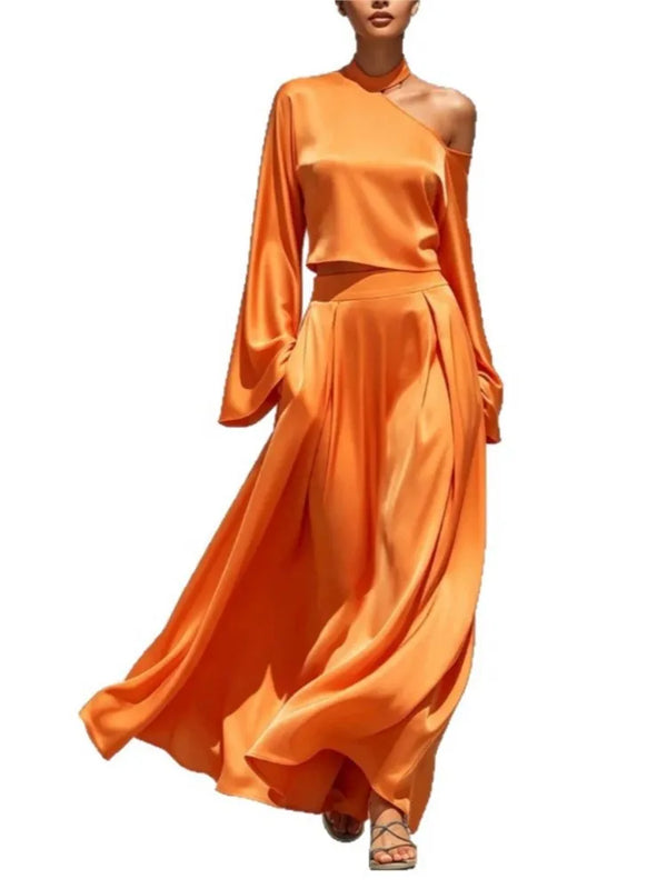 Womens Solid Skirt Two Piece Sets Sexy One-Shoulder Long Sleeve Crop Top  + Slim Long Skirt Set Autumn Casual Party 2pcs Outfits